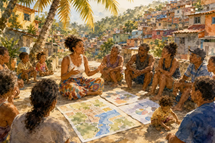 Watercolour illustration of a neighbourhood assembly in Porto Alegre, residents seated in a circle around maps, a woman speaking to the group
