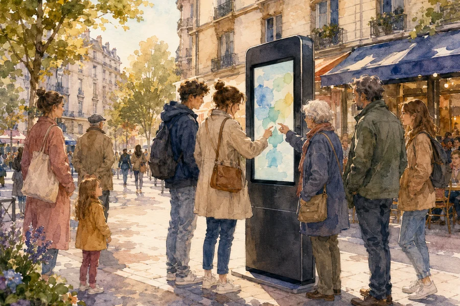 Watercolour illustration of a digital kiosk in a European street inviting passers-by to vote on local budget priorities