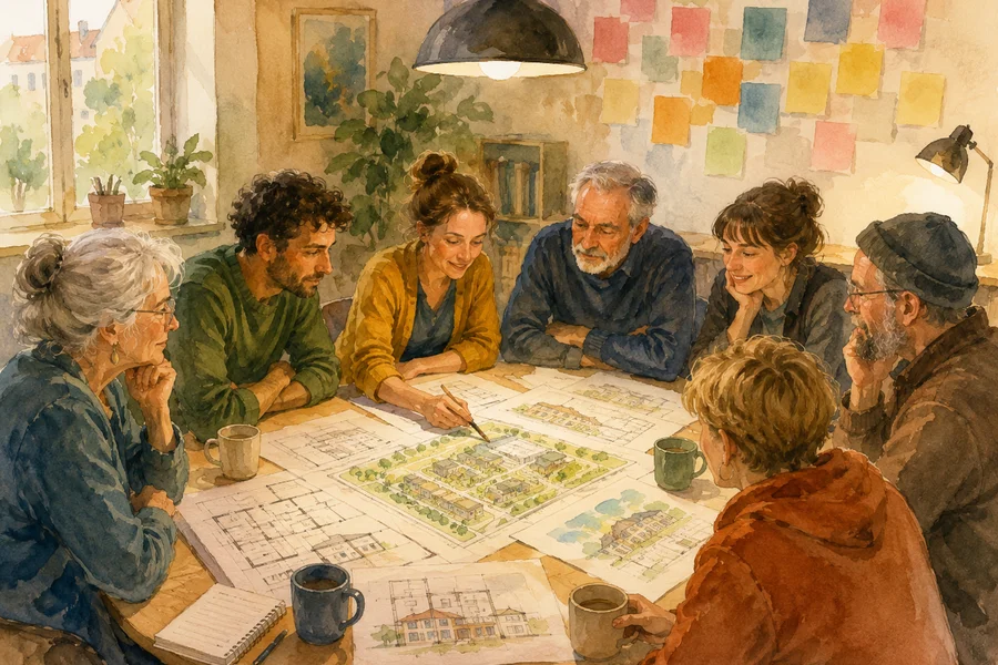 Meeting of the CLT Brussels neighbourhood council, community members and an architect discussing housing plans around a round table