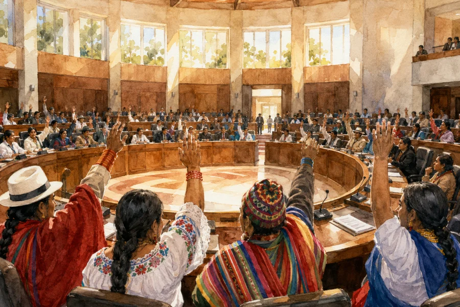 Montecristi constituent assembly 2008, indigenous delegates in traditional dress during the historic vote