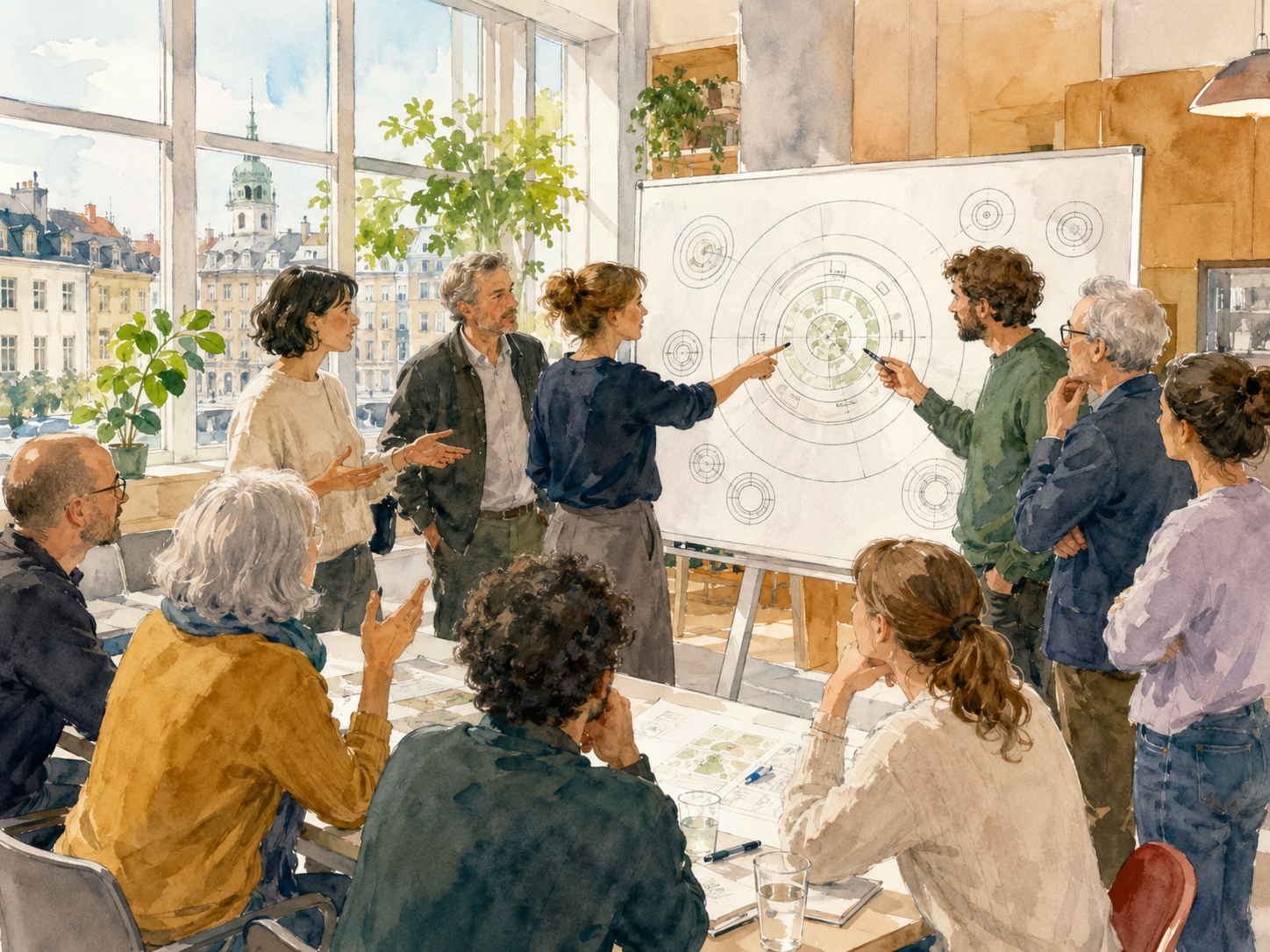 Group of European urban planners around a whiteboard with a hand-drawn doughnut diagram, lively discussion in a modern meeting room, soft watercolour style