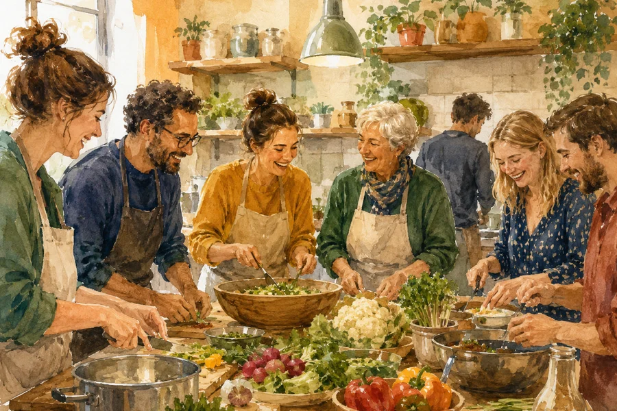 Watercolour illustration of a group of European adults gathered around a large table in a community kitchen, cooking together and laughing, warm amber tones