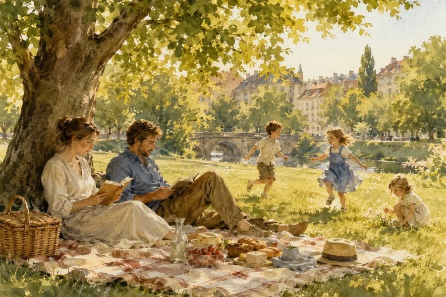 Watercolour illustration of a European family enjoying a relaxed afternoon in a park, children playing freely and parents at ease