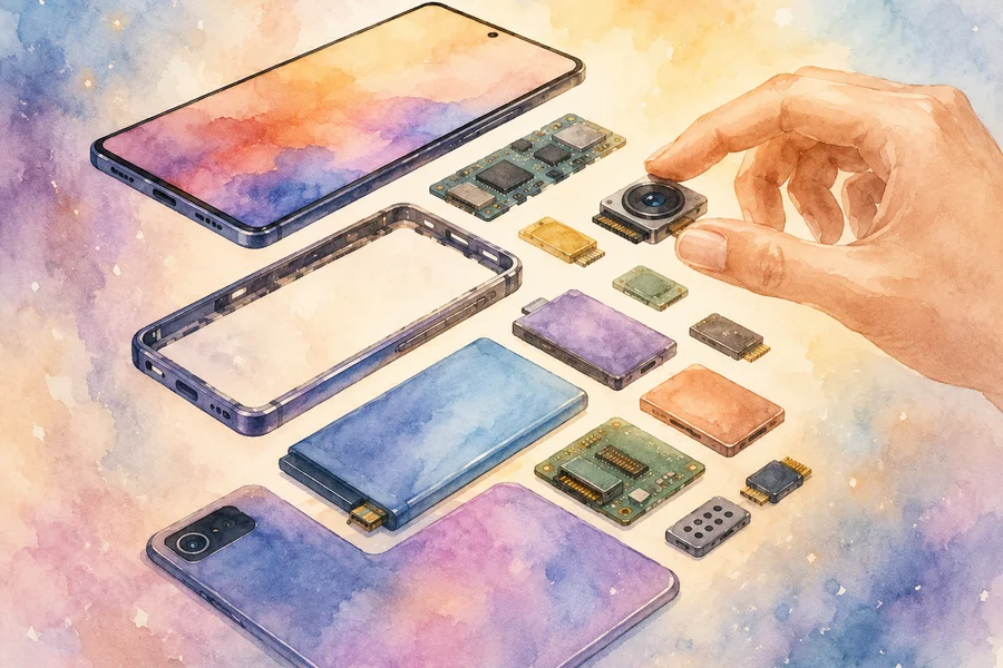 A modular smartphone decomposed into colourful floating parts in a luminous watercolour space, each module distinct and accessible, warm and serene tones