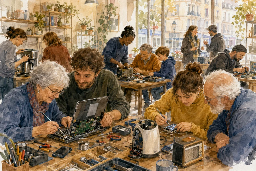 A community repair workshop in Europe, several people around wooden tables repairing electronic devices together, warm and gentle light, watercolour illustration