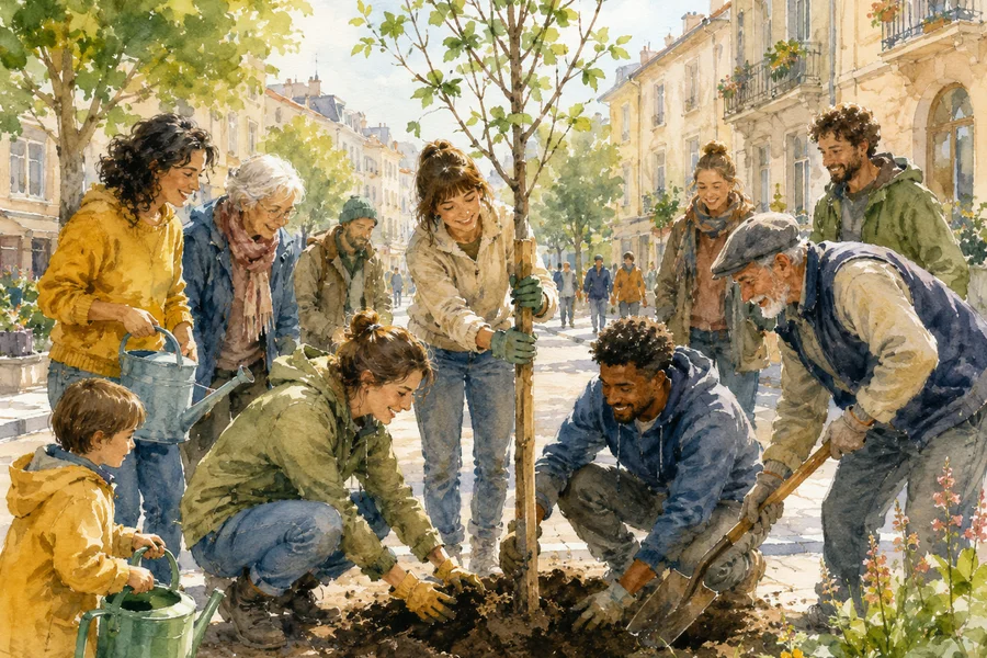 Watercolour illustration of workers and volunteers planting trees in an urban street